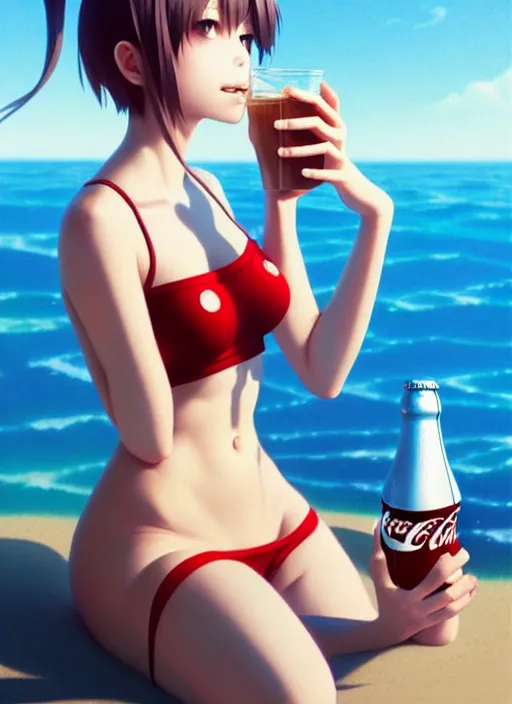 Image similar to full body picture of a extremely beautiful and attractive and cute and aesthetic girl drinking a coke, highly detailed face, very thirsty, dripping on the body, sharp focus, shiny day on the beach, specular reflection, occlusion shadow, trending on artstation, epic light novel cover art, art by ilya kuvshinov and sakimichan and jeremy lipking