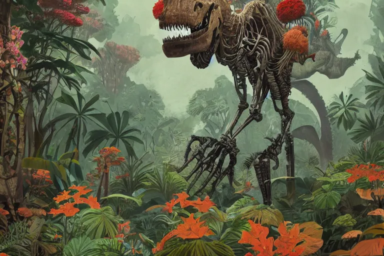 Image similar to 2 d gouache illustration, a lot of exotic vegetation, trees, tremendous skeletal robotic ancient dinosaur, flowers, oldschool vintage sci - fi flat surreal design, super - detailed, painting by satoshi kon, hd, 4 k, high quality