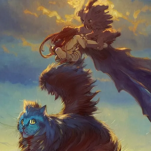 Image similar to a kid riding a monster cat in the night made by studio ghibli beautiful scene fantasy with a lot of lighting and blue colour highly detailed, digital painting, artstation, concept art, smooth, sharp focus, illustration, art by artgerm and greg rutkowski and alphonse mucha