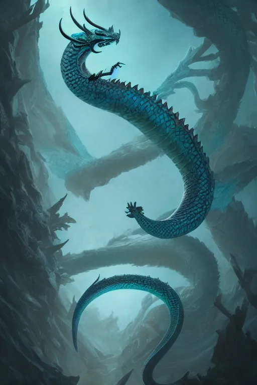 Image similar to cyan dragon - snake hybrid, antlers, disgruntled scales, claws, fantasy, magic, complete, detailed, digital painting, trending on artstation, matte painting by greg rutkowski keita okada antonio j. manzanedo