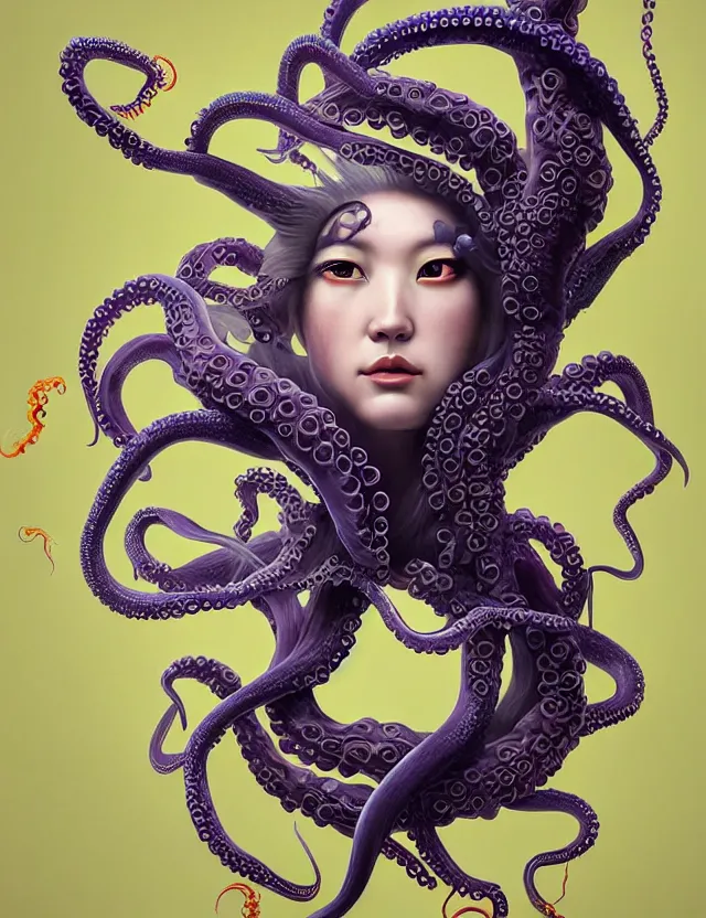 Image similar to 3 d goddess octopus half - turn portrait with long hair with ram skull. beautiful intricately detailed japanese crow kitsune mask and clasical japanese kimono. betta fish, jellyfish phoenix, bio luminescent, plasma, ice, water, wind, creature, artwork by tooth wu and wlop and beeple and greg rutkowski