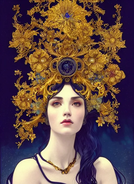 Image similar to beautiful black blue yellow, complicated gold and blue flowers in baroque style headwears, dark fantasy, intricate, elegant, highly detailed, digital painting, artstation, concept art, matte, 3 d 8 k octane rendered, sharp focus, illustration, octane rendered, art by artgerm and alphonse mucha, leesha hannigan