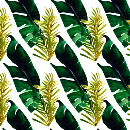 Image similar to repeating pattern seamless. watercolor. tropical palm leaves, warm light, gold and green, hyperrealistic, minimalistic, stylized