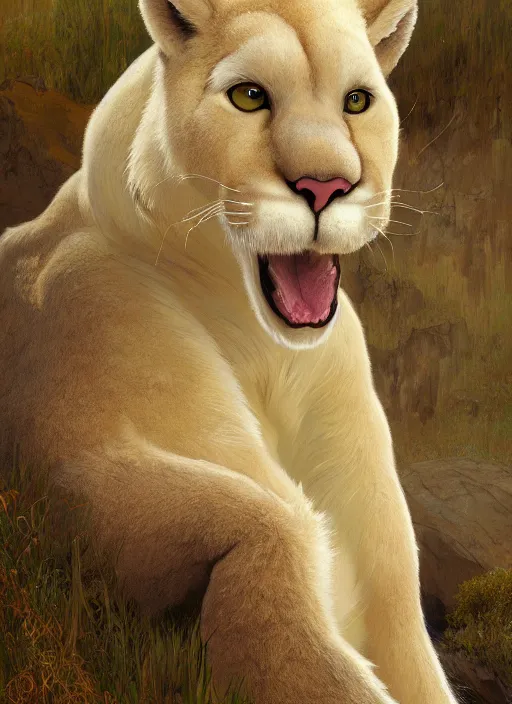 Prompt: Character portrait of a albino furry anthro albino mountain lion with a happy face wearing a yellow button-down shirt and olive green slacks in the desert wilderness, intricate, elegant, highly detailed, digital painting, artstation, concept art, smooth, sharp focus, illustration, art by Krenz Cushart and Artem Demura and alphonse mucha
