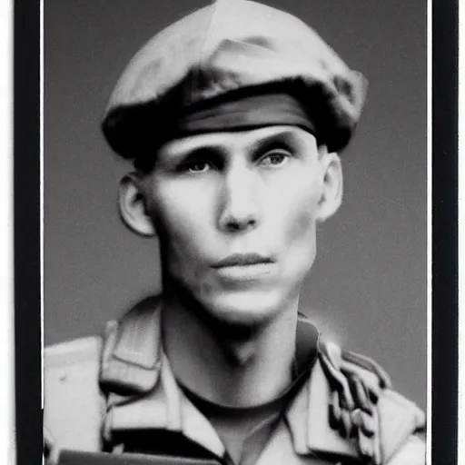 Image similar to A polaroid of Jerma985 in military gear, taken during the vietnam war, realistic, hyperrealistic, very realistic, highly detailed, very detailed, extremely detailed, detailed, digital art, trending on artstation