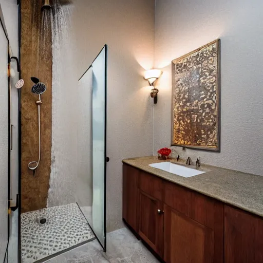 Image similar to photo of a shower in a bathroom with an elephants trunk coming up the train into the shower stall