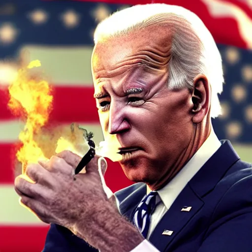 Image similar to joe biden smoking a giant rolled joint, smoke, amazing detail, realistic digital art, artstation