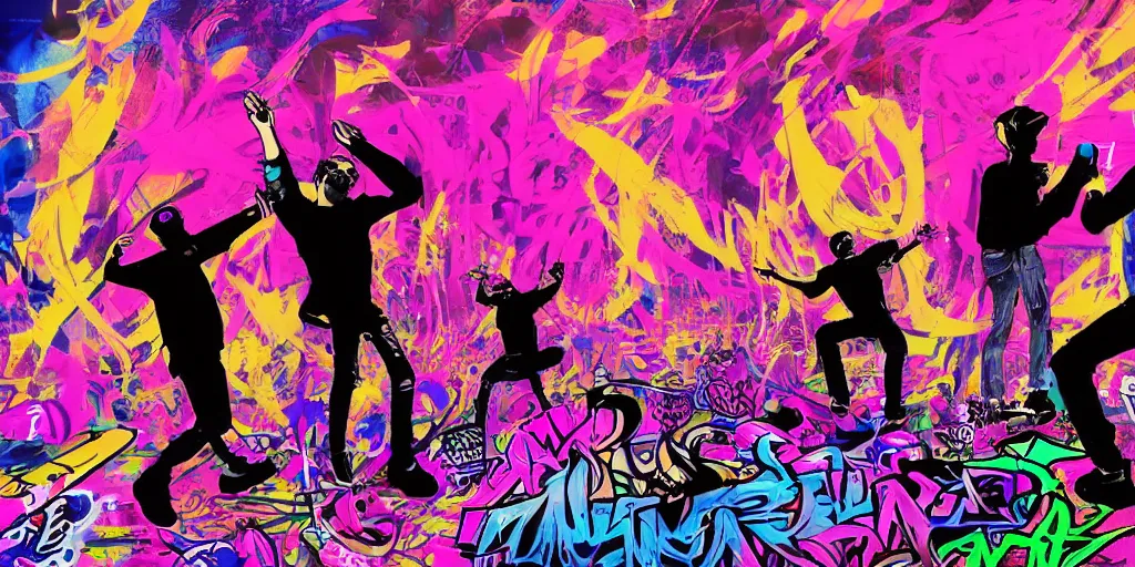 Image similar to psychedelic rap battle, silhouettes, distinct figures, digital art, vapor wave, hip hop, graffiti, trending on Artstation, professional artist, detailed, 4k