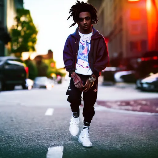 Image similar to portrait of midget playboi carti walking on a sidewalk, sharp focus, 4 k editorial photograph, soft lighting