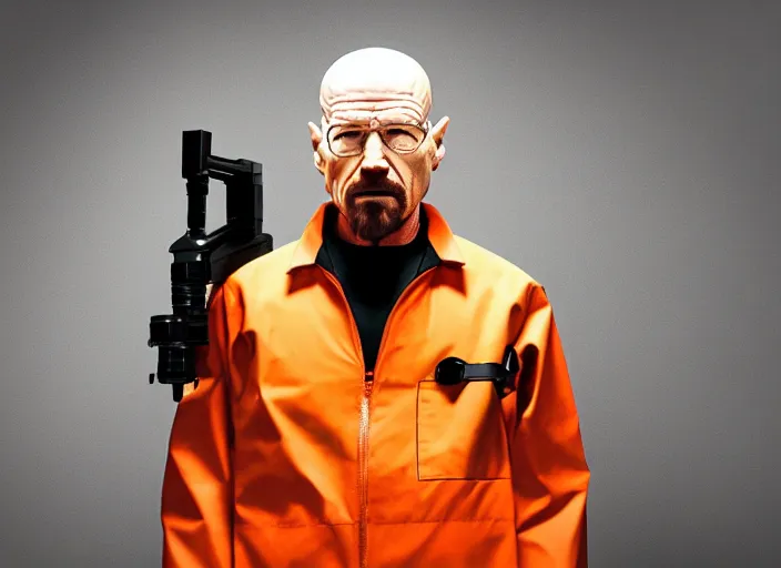 Prompt: film still of Walter White as Gordan Freeman wearing Black and orange Black Mesa Jumpsuit holding a gravity gun in the Half Life Movie, 4k