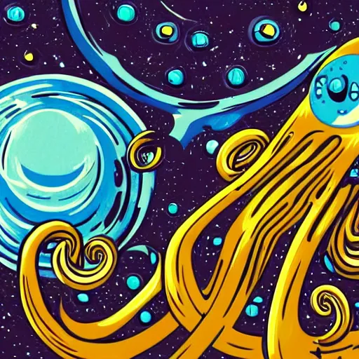 Prompt: retro style space monster traveling through space long tentacles big black with white tentacles Planets in the background