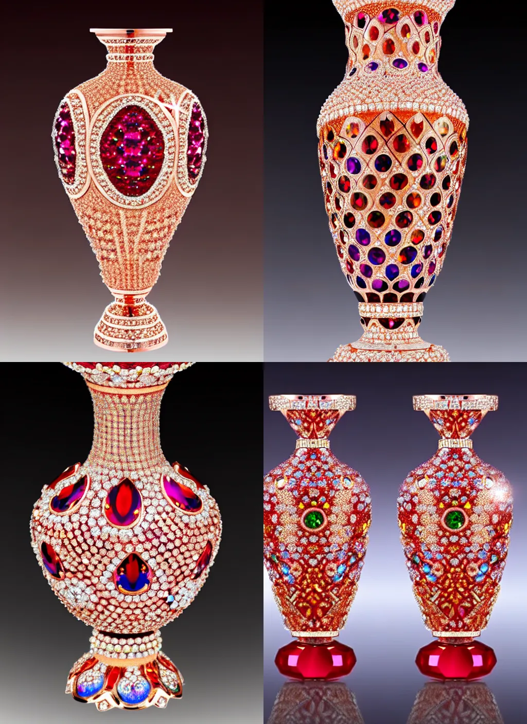 Prompt: elaborate swarovski crystal faberge vases crimson and rose gold diamonds opals rubies, 4 k, reflections