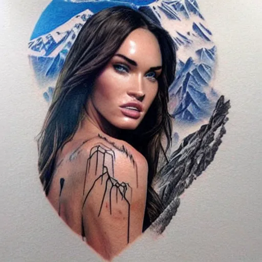 Image similar to megan fox as beautiful mountains, double exposure effect, medium sized tattoo sketch, amazing detail, on pinterest