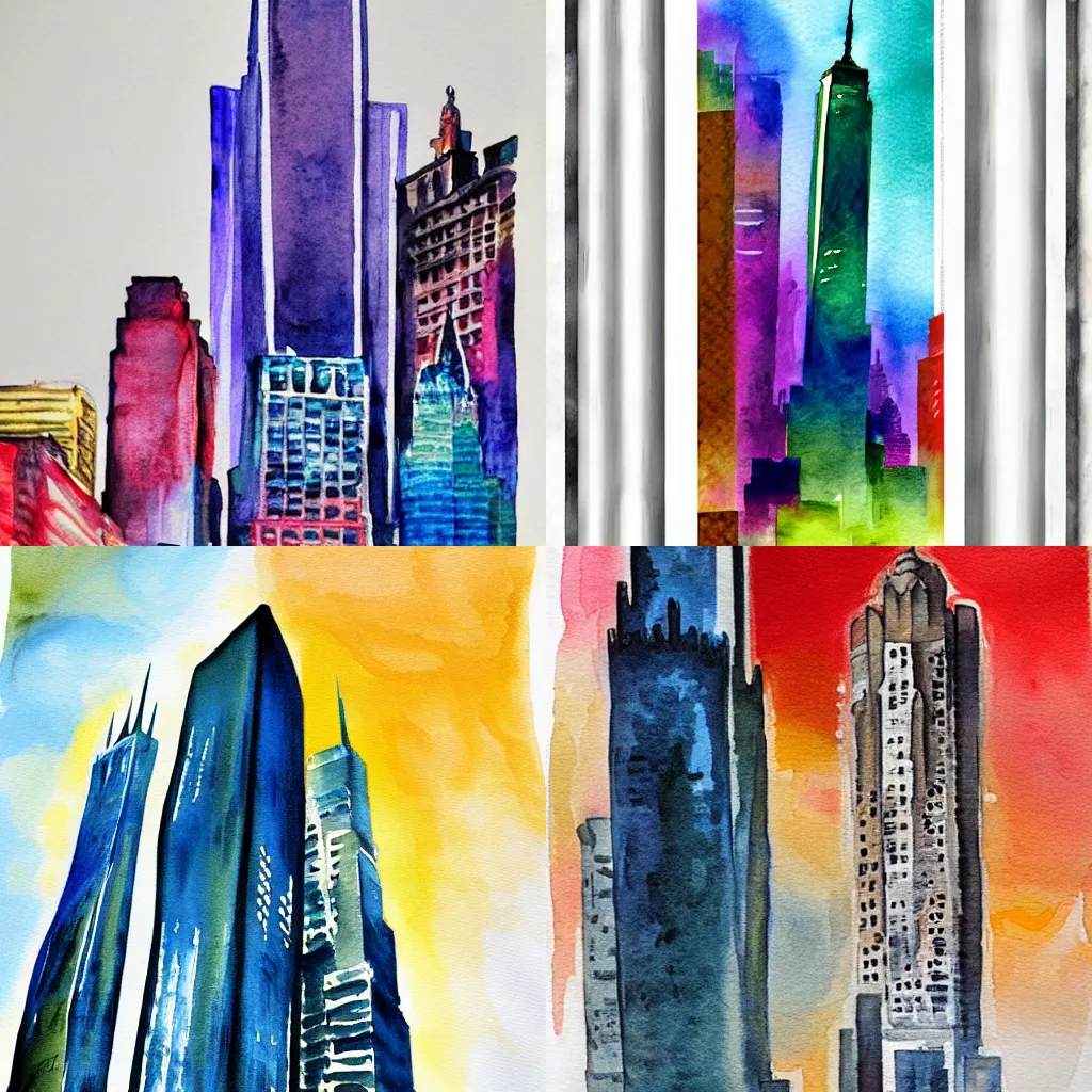 Prompt: new york city skyscraper abstract flat watercolor painting