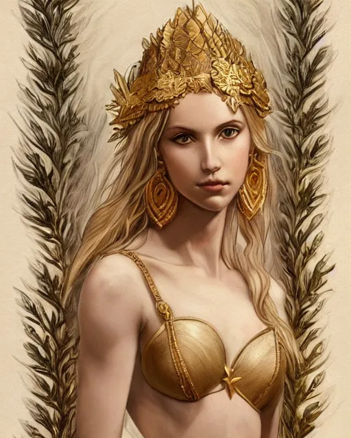 Image similar to front view of beautiful aphrodite greek goddess wearing a gold laurel wreath and triangle earrings, realism tattoo sketch, beautiful piercing eyes with sharp pupils, beautiful blonde hair, in the style of greg rutkowski, fantasy, amazing detail, epic, elegant, smooth, sharp focus