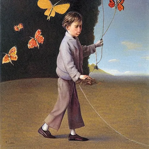 Prompt: a boy taking his enlarged butterfly for a walk on a string, a surrealist painting by remedies varo