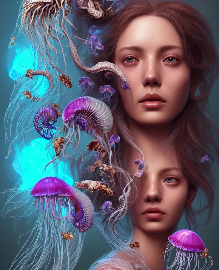 Image similar to goddess princess beautiful woman face close-up portrait ram skull. jellyfish phoenix head, nautilus, orchid, skull, betta fish, bioluminiscent creatures, intricate artwork by Tooth Wu and wlop and beeple. octane render, trending on artstation, greg rutkowski very coherent symmetrical artwork. cinematic, hyper realism, high detail, octane render, 8k