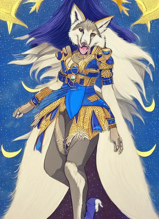 Image similar to commissioned full body portrait of a female anthro wolf princess fursona with a wolf head and white hair wearing a blue and gold Japanese armored dress in a white and gold palace on a starry night with a large crescent moon, by a professional manga illustrator, by Kilian Eng, by Sandra Chevrier, trending on artstation