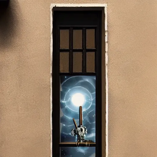 Prompt: a door to a window that allows you to see the cosmos, informative content trending on artstation. be. love that robot arm, laser printer, trending on artstation, full - length portrait of a marina fros castilian marble