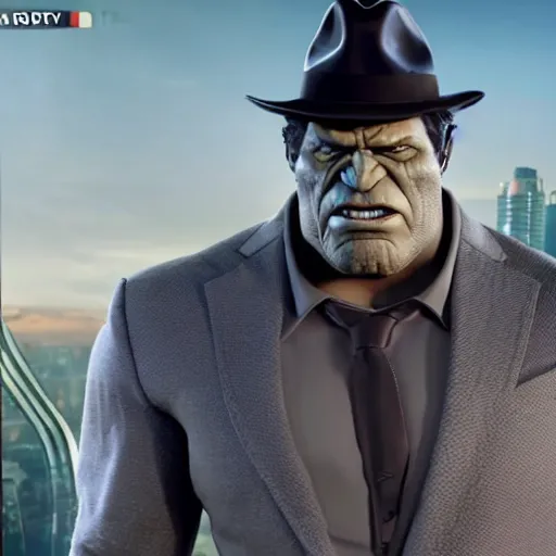 Image similar to a promotional screenshot of Joe Fixit Grey Hulk wearing a pinstripe suit and fedora appearing in Avengers: Infinity War