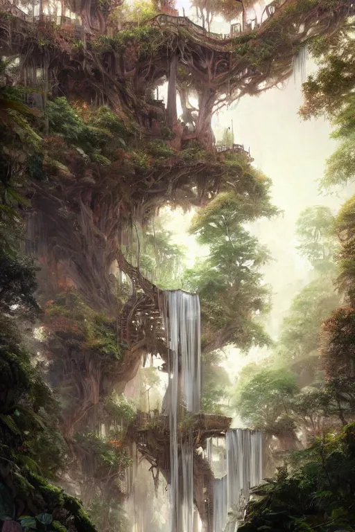 Prompt: A beautiful digital painting of an enormous treehouse, crystal waterfall by Stanley Artgerm Lau, Greg Rutkowski, Rossdraws, James Jean, gerald brom, Andrei Riabovitchev, Marc Simonetti, and Sakimichan, trending on artstation
