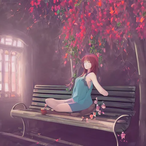 Prompt: advanced digital art. A beautiful girl is sitting on a bench reading in an abandoned train station that is overgrown with vines and flowers, Digital Anime pastel painting, Sakimichan, WLOP, RossDraws, pixivs, Makoto Shinkai. —H 2160
