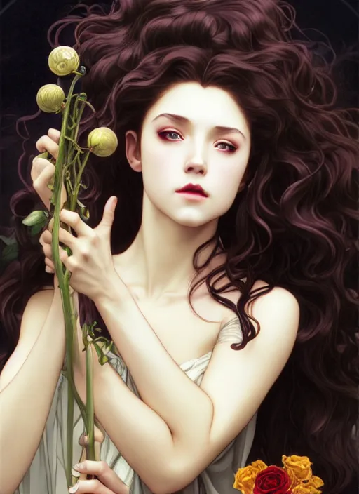 Prompt: young vampire girl, goddess of obsidian diamonds and black roses, with long curly, golden hair, perfectly proportioned face, brown eyes, sweet smile, strong jawline, natural lighting, path traced, highly detailed, high quality, cartoon, digital painting, by new haicheng studio ghibli and riccardo federici and alphonse mucha