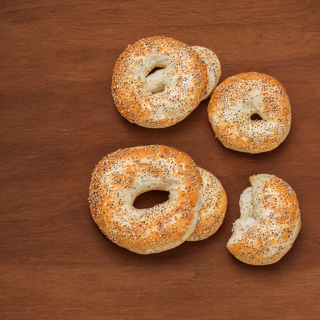 Prompt: close - up view of a singular solo bagel on top of a wooden table, 8 k, high detail, photorealistic, proper shading