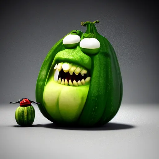 Image similar to detailed 3 d render of an angry furious zucchini with a bloody sword in his hand, running down the road chasing after a group of scared tomatoes, hyper realistic octane render, dramatic lighting, high speed chase, nightmare, surrealism, pixar, disney, cartoon