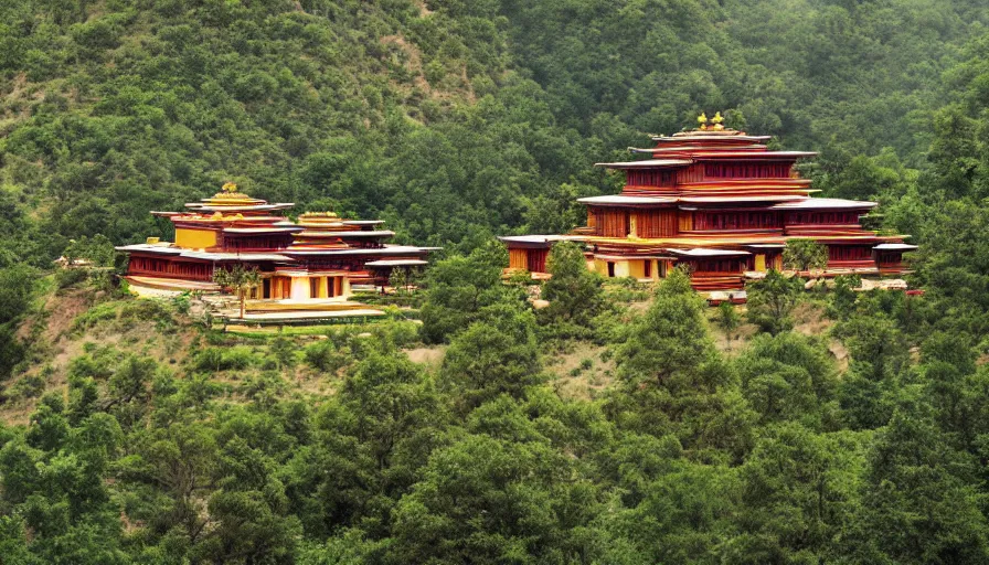 Image similar to temple villa inspired by tibetan architecture, on a green hill, overlooking a valley with trees, frank lloyd wright, photorealistic, birds eye view