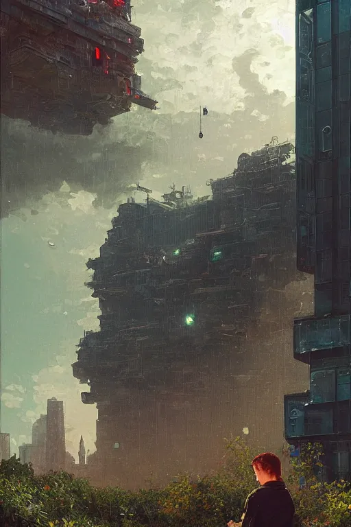 Prompt: Portrait unknown guy washing the window of a giant building with a small spaceship in the background. Beeple, grimshaw, thomas cole, ismail inceoglu, winslow homer, greg rutkowski, gerald brom, marc simonetti, simon stalenhag, anton fadeev, donglu yu