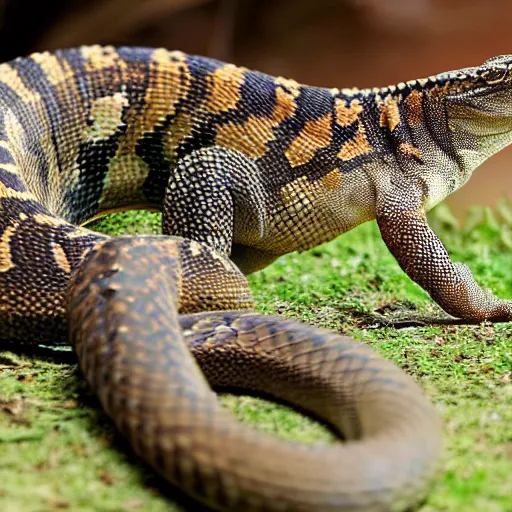 Image similar to rattlesnake and monitor lizard hybrid animal, half rattlesnake and half monitor lizard, real picture taken in zoo