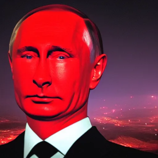 Image similar to putin with face lit by red glow at midnight, atmospheric epic award winning photo with volumetric cinematic lighting. huge pile of dead bodies in the background