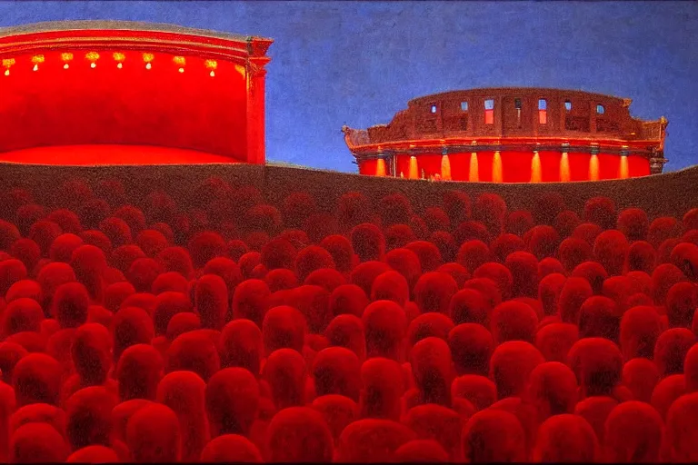 Image similar to only with red, a red great emperor, taormina amphitheatre, crowd with big smile, in the style of beksinski, parts by edward hopper, parts by rodcenko, parts by yue minjun, intricate and epic composition, red by caravaggio, insanely quality, highly detailed, masterpiece, red light, artstation, 4 k