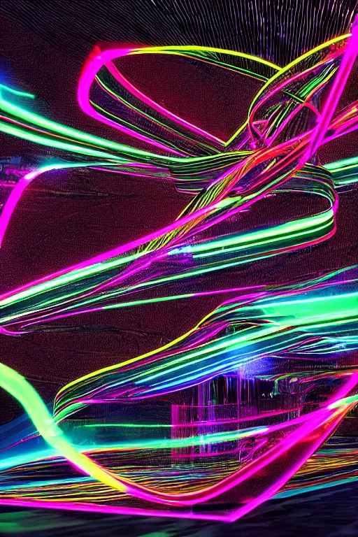 Prompt: very dark image of a neon - colored abstract intricate 3 d arc of light in a ultra black background, blender maya unreal engine, octane render vray,