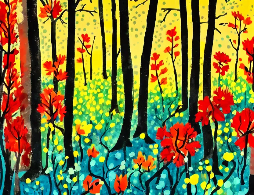 Prompt: winter woods where there's an animal spirit of flowers. gouache, limited palette with complementary colors, children's cartoon, backlighting, bold composition, depth of field.