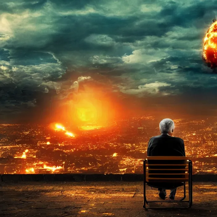 Image similar to cinematic movie, background blur bokeh, old man sitting in chair with black cat watching nuke explosion, world ending nuke, 4 k