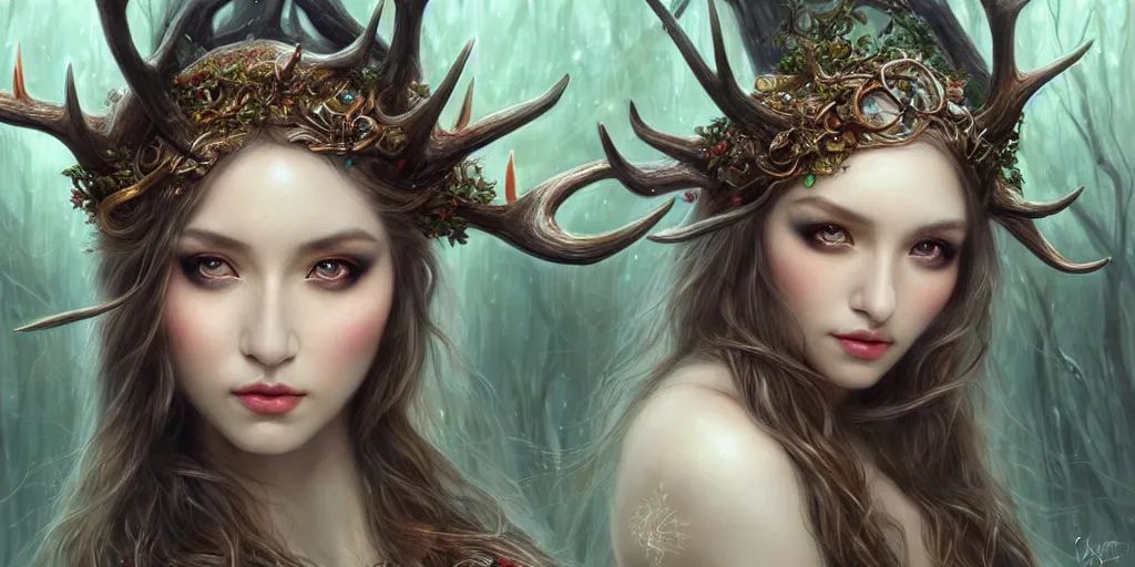 Image similar to a portrait of a female elf sorceress with antlers bathing in a lake by karol bak and jia ruan, beautiful detailed eyes, cute, fantasy, intricate, elegant, highly detailed, digital painting, 4 k, hdr, concept art, detailed jewelry, smooth, sharp focus, illustration, art by artgerm