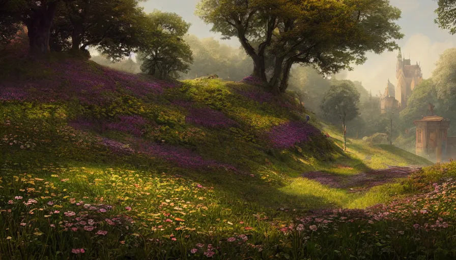 Prompt: landscape painting of a lush flower hill, behind it an old german city, fantasy, intricate, elegant, highly detailed, digital painting, artstation, blender, unreal engine 5, octane render, smooth, sharp focus, illustration, by greg rutkowski