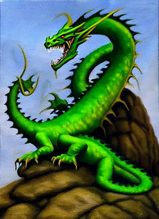 Image similar to “oil painting of green dragon with pointed tail sitting on a rocky outcropping in the style of Darrell K. Sweet”