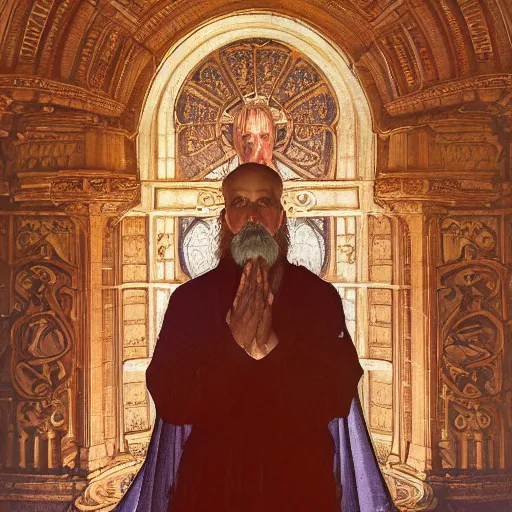 Prompt: a religious man with holes in his robes, old broken clothes, holes in a robe, holes in a religious man, annie swynnerton and nicholas roerich and jean delville, strong dramatic cinematic lighting, ornate tiled architecture, lost civilizations, smooth, sharp focus, extremely detailed