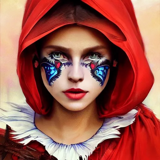 Prompt: Beautiful face Portrait of Little Red Riding Hood with a rainbow panther, face painting, dramatic lighting, intricate, wild, highly detailed, digital painting, artstation, concept art, smooth, sharp focus, illustration, art by artgerm and greg rutkowski and alphonse mucha, footage from space camera