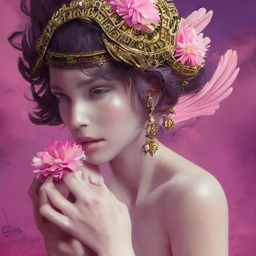 Image similar to expressive full body photo, of beautiful angel, smooth glowing skin, ornate headpiece made from pink flowers, glamour shot, by yoshitaka amano, by greg rutkowski, by jeremyg lipkinng, by artgerm, digital art, octane render