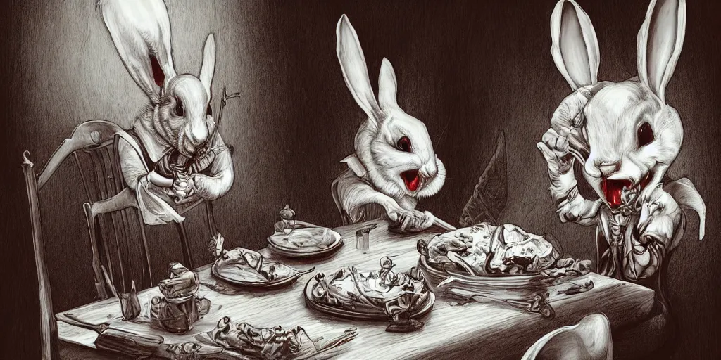 Prompt: An evil detailed white rabbit eating human bodyparts with a knife and fork sitting on a chair at the dinner table, by Mike Francini, Artstation, Dark, Fantasy, bloody, scary, spooky, detailed