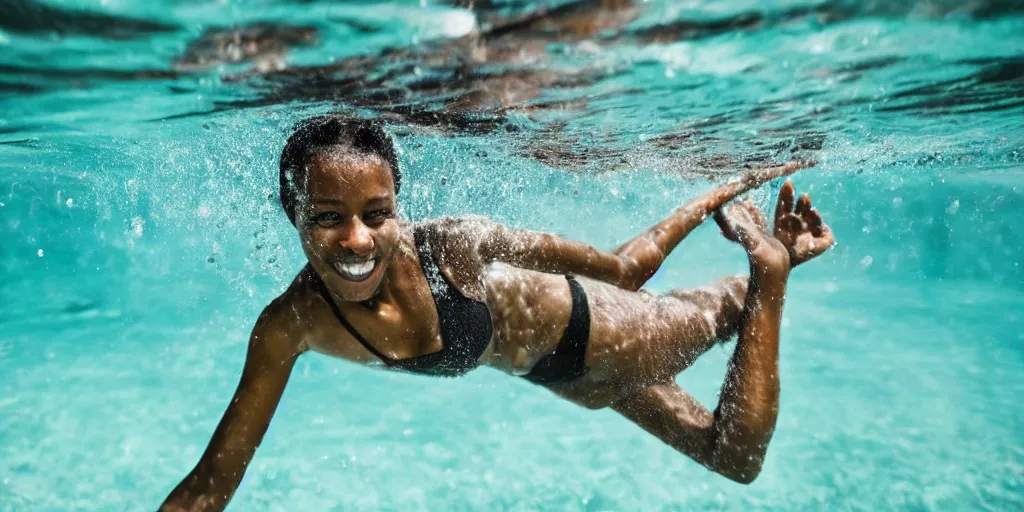 Image similar to Photography of a female black athletic skinny woman, taken under water in a pool in summer, she just jumped into water, many bubbles and rays of sun