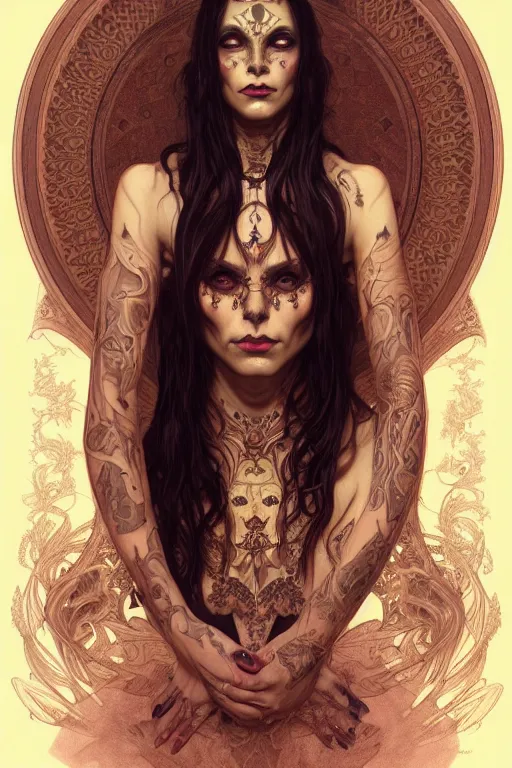 Image similar to portrait of a satanic witch, tattooed face, upper body, decorated, intricate, elegant, highly detailed, digital painting, artstation, concept art, smooth, sharp focus, illustration, art by artgerm and greg rutkowski and alphonse mucha, 8 k