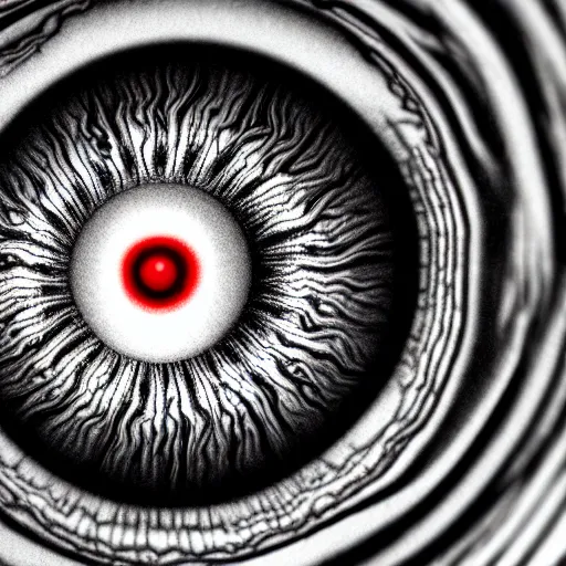 Image similar to a detailed extremely close up of inside the iris, cornea, red image, microscopic, extremely close up drawing by junji ito, cgsociety, generative art, lovecraftian, parallax, cosmic horror, extremely detailed, hyperrealism, unreal engine, octane render, award winning, masterpiece, highly detailed, realistic, 4 k, digital