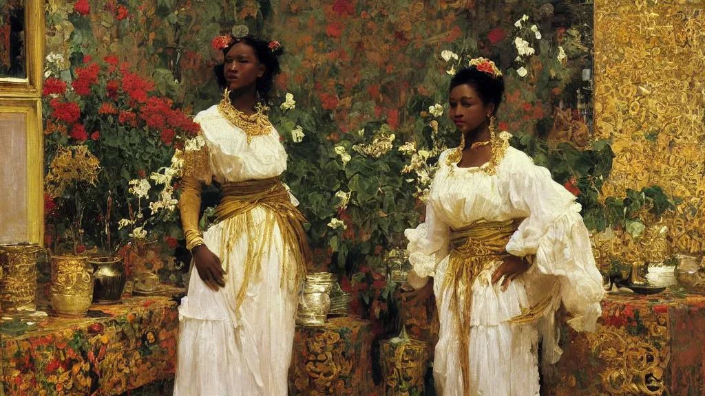 Image similar to high quality high detail painting by ilya repin, black woman in a white room with many plants, intricate costume design, orientalist, partially gold, ornate, elite, luxury, hd