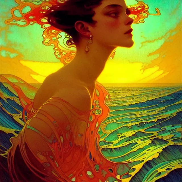 Image similar to mind bending sapphire ocean waves of glossy psychedelic liquid honey drops flowing like kaleidoscopic translucent amber, lsd waves, dmt ripples, crystal clear, backlit, sunset, refracted lighting, art by collier, albert aublet, krenz cushart, artem demura, alphonse mucha