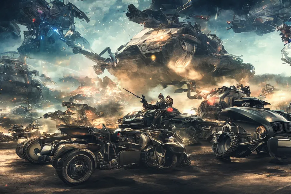 Prompt: Wide angle shot of voluptuous Waifu battling creatures with tanks, motorcycles, and advanced technology, in a beachfront environment, luxury concept cars in background, beautiful aesthetic, photorealistic, hyperrealistic, octane render, HDR, IG Studios Anime Style